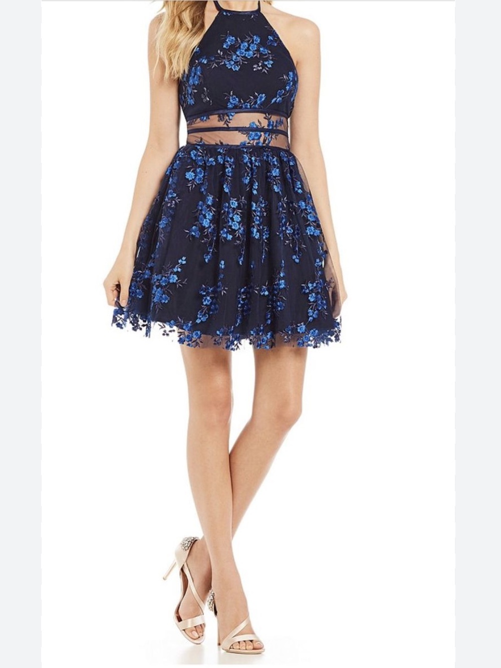 Gianni Bini Navy Blue Halter with Royal Blue Floral Embroidery Dress Jr. size 1